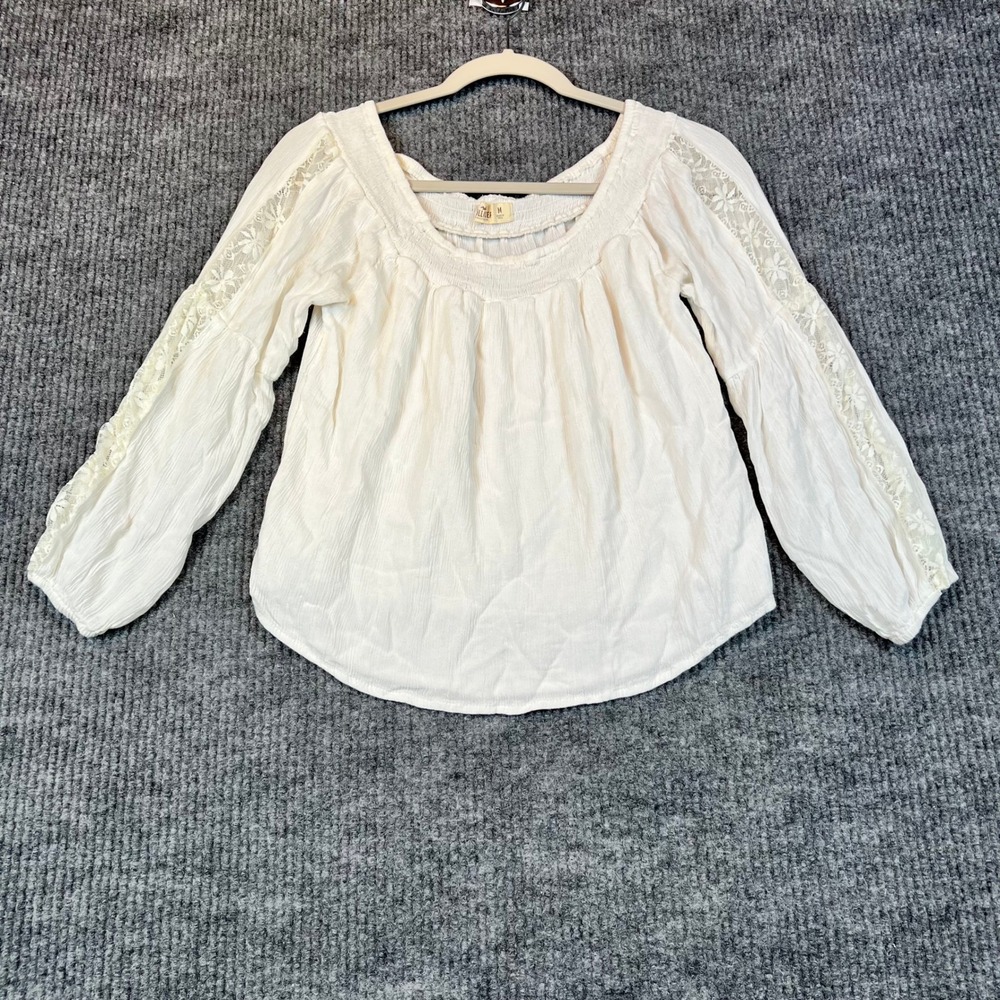 Hollister Blouse Viscose Crinkle Gauze Bohemian Off-White Lace Trim Hippie M